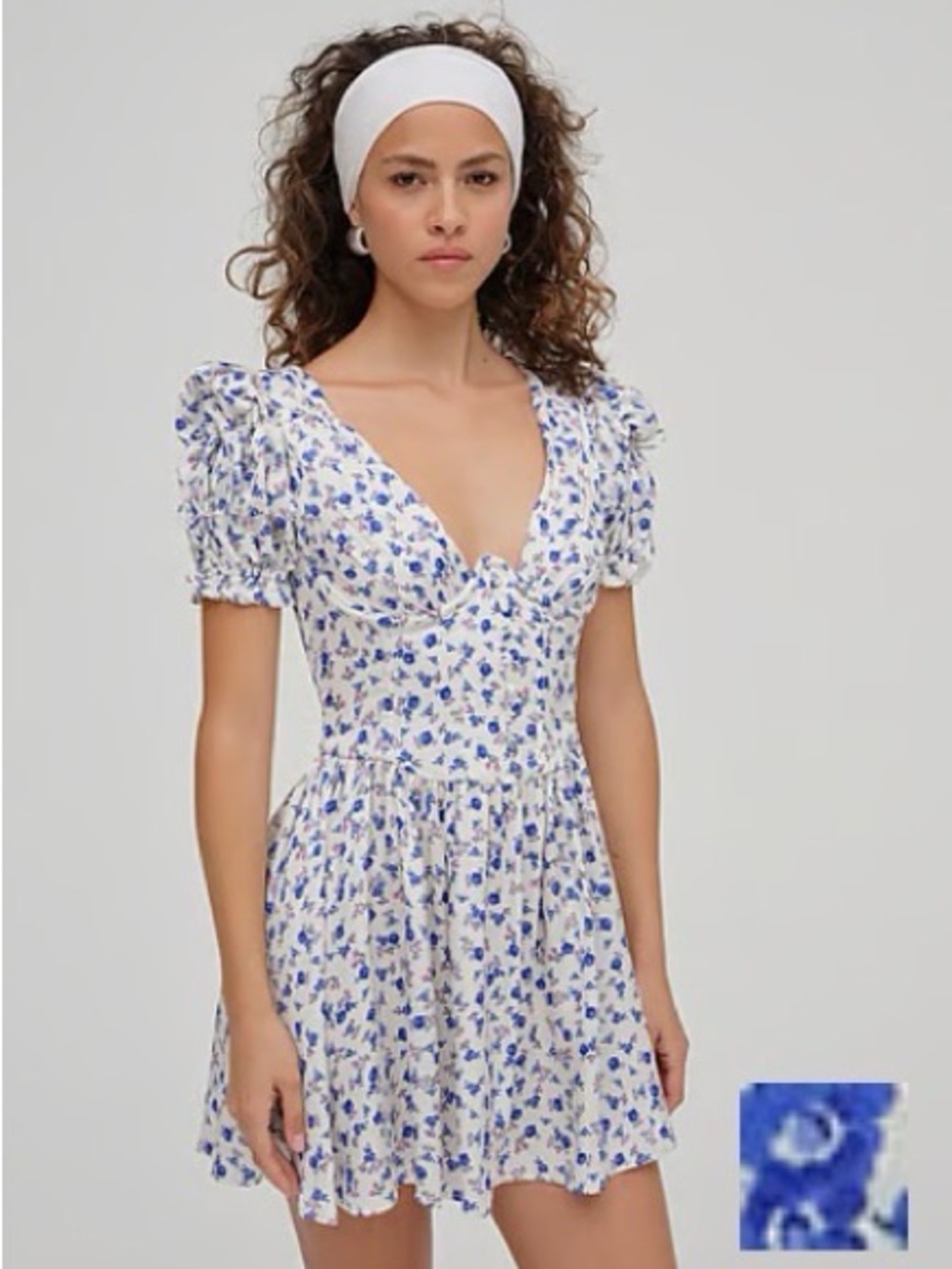 For Love & Lemons White Mini Dress with Blue Floral Print